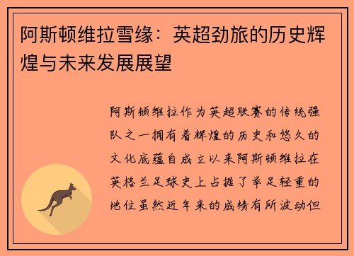 阿斯顿维拉雪缘：英超劲旅的历史辉煌与未来发展展望
